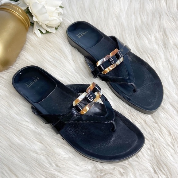 Stuart Weitzman Black Patent tortoise shell ring Thong Sandals Sz 7.5 - Picture 2 of 8